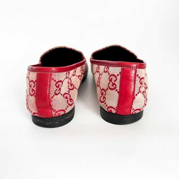 Gucci Jordaan Horsebit Loafer Red GG Canvas Flat Supreme Buckle 37, 7 - Picture 6 of 13